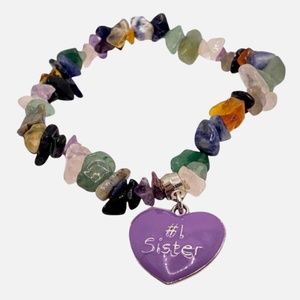 #1 Sister Purple Heart Charm Elastic Stretch Gemstone Bracelet